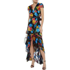 Alice And Olivia Erika Silk Ruffle Belted Tie Floral Maxi Dress Multi Size 4